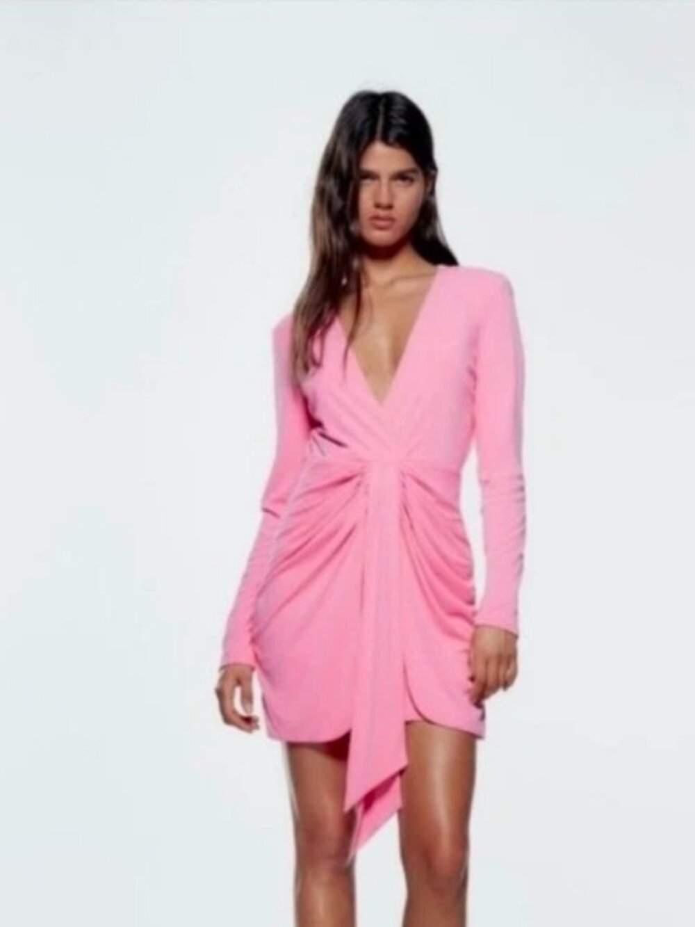 Zara Pink Ruched Draped V-Neck Open Back Mini Dress Size Med